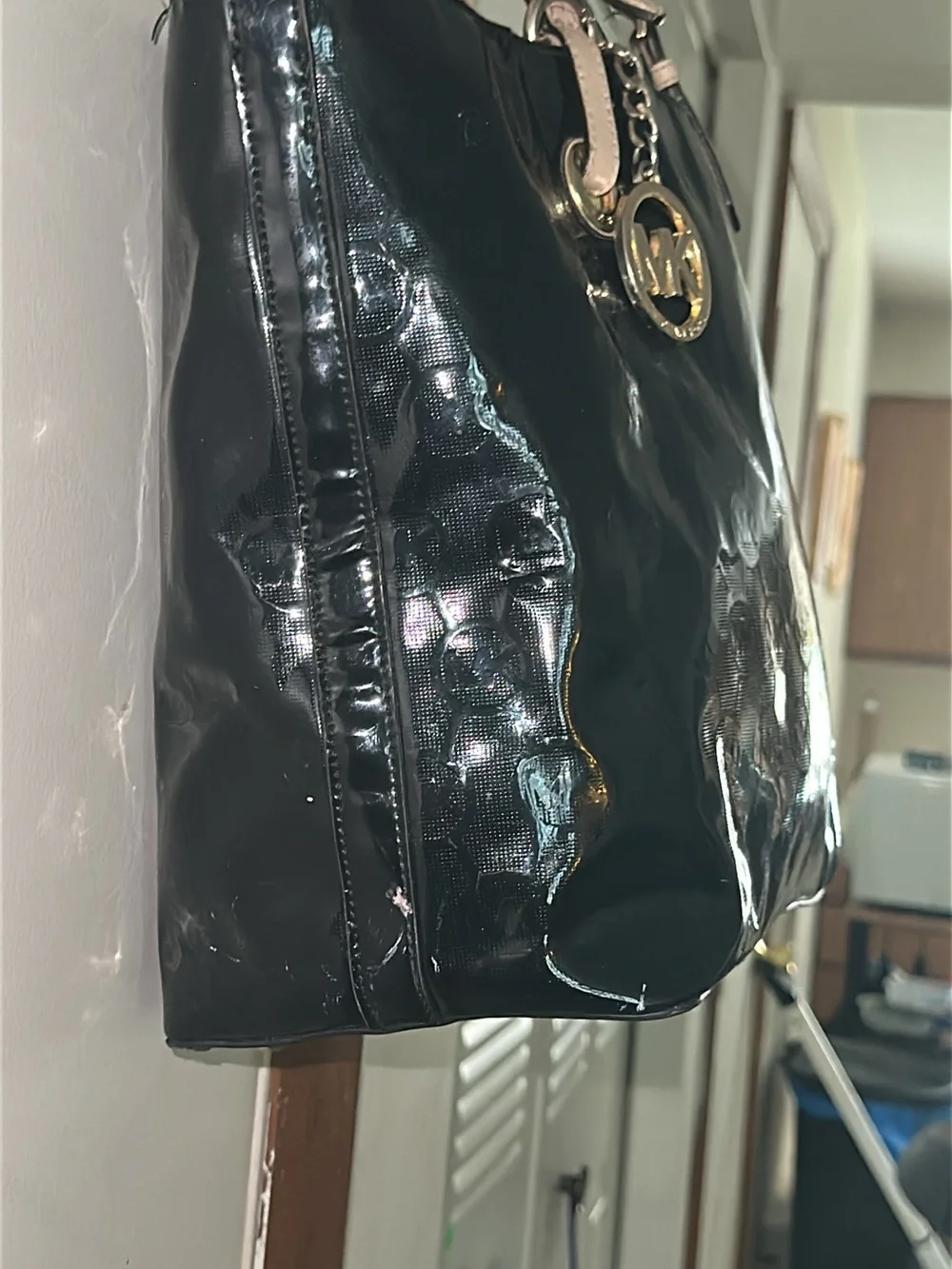 Michael Kors Black Patent Shoulder Tote with Light Tan Straps